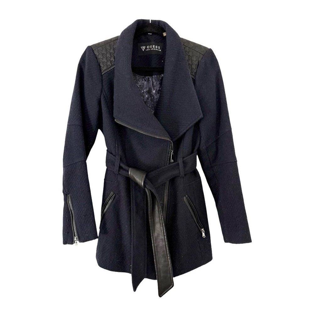Guess Black Trench Coat with Leather Accents and Wide Lapel